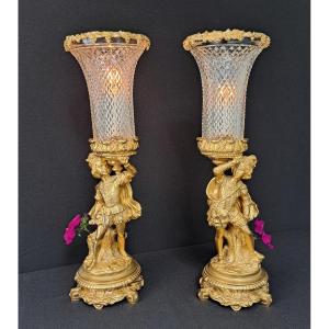 Pair Of Candle Holders In Crystal And Gilt Bronze