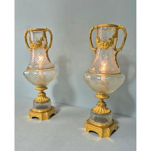 Importante Paire de Photophores en Bronze doré et cristal Taillé.