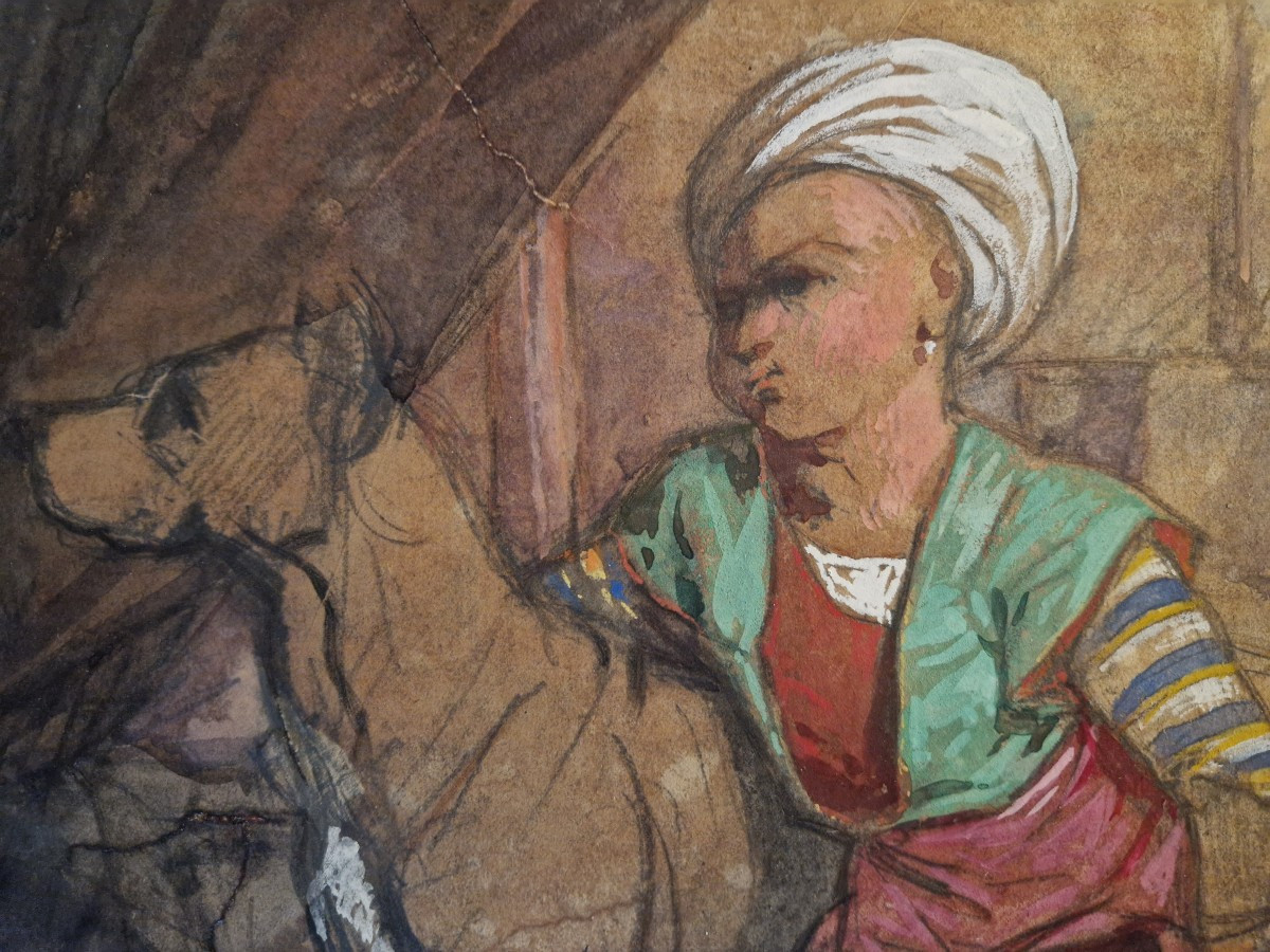 Enfant et son chien - aquarelle orientaliste - signée J. Hebert -photo-2