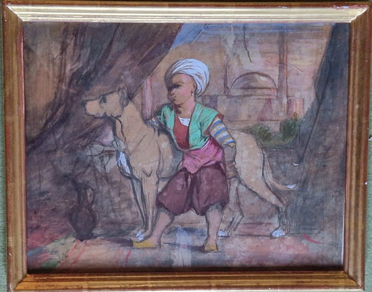 Enfant et son chien - aquarelle orientaliste - signée J. Hebert -photo-3