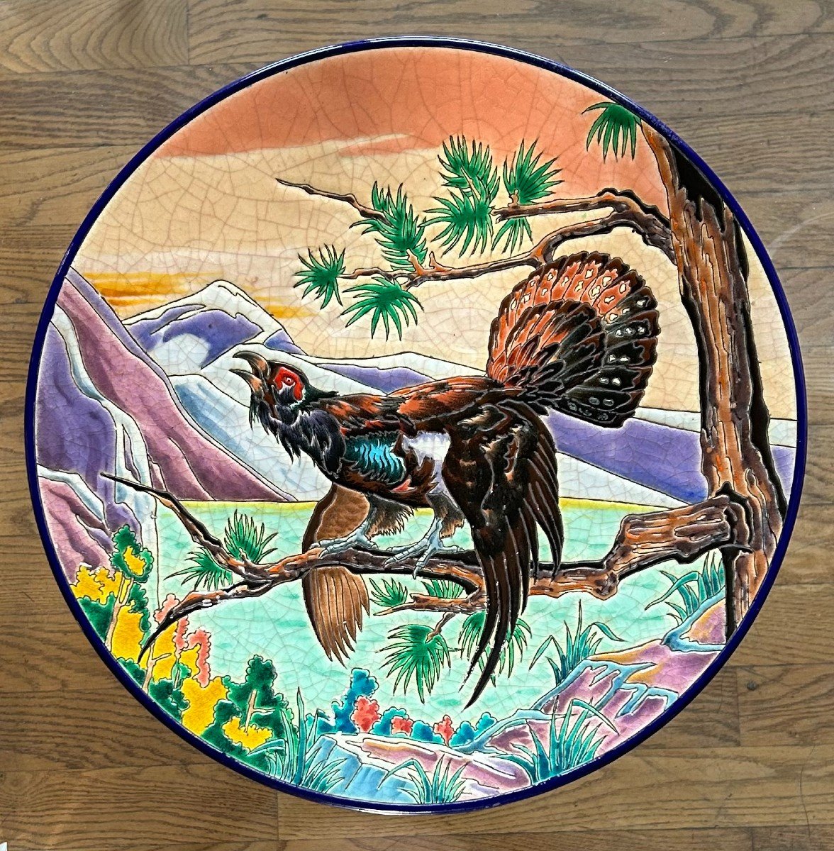 Large Dish In Longwy Enamels Limited Edition - Heather Rooster Signed Mignon