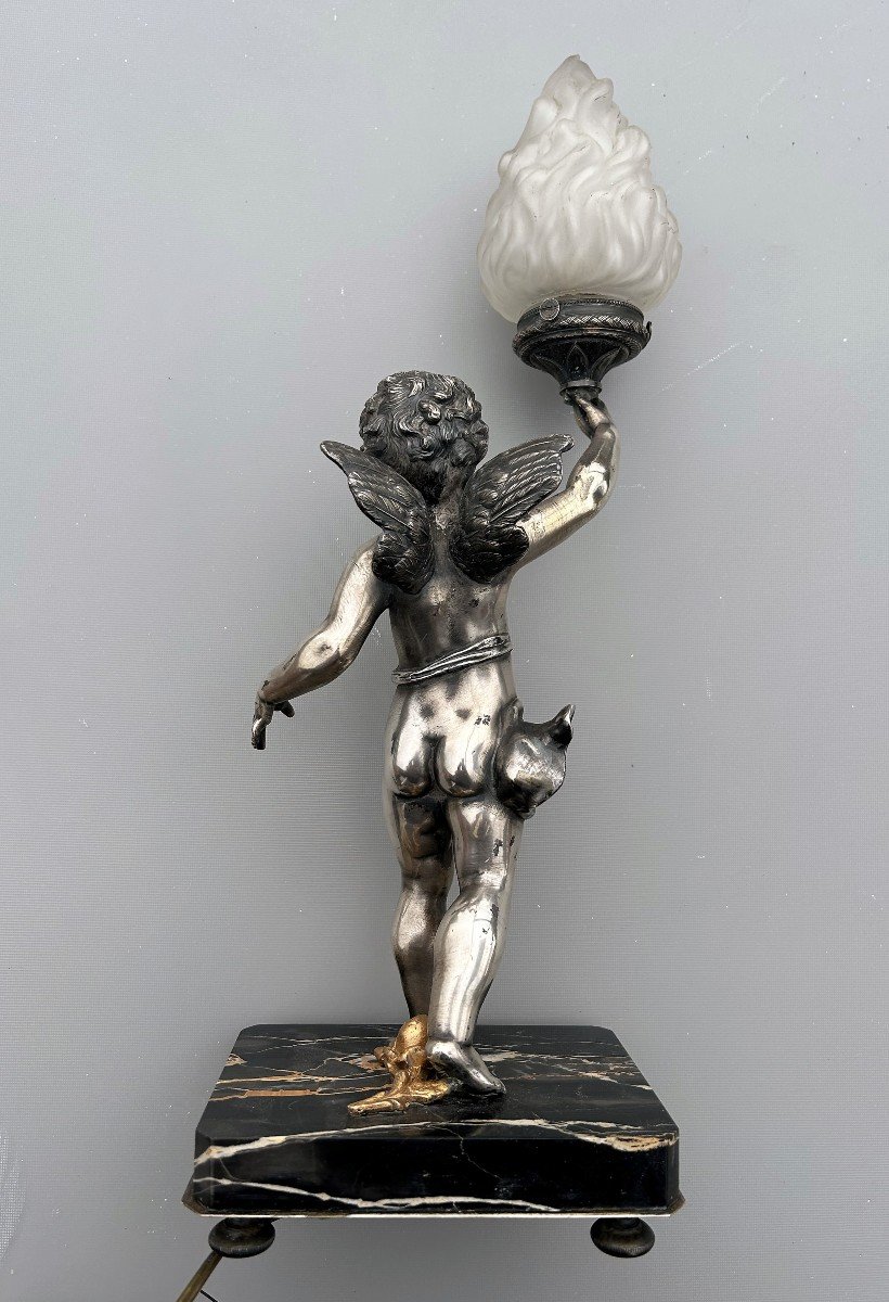 Cherub Lamp In White Silver Metal Circa 1900-photo-4
