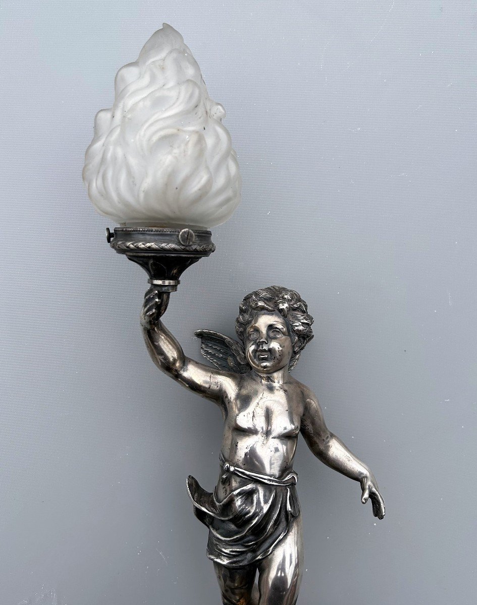 Cherub Lamp In White Silver Metal Circa 1900-photo-1