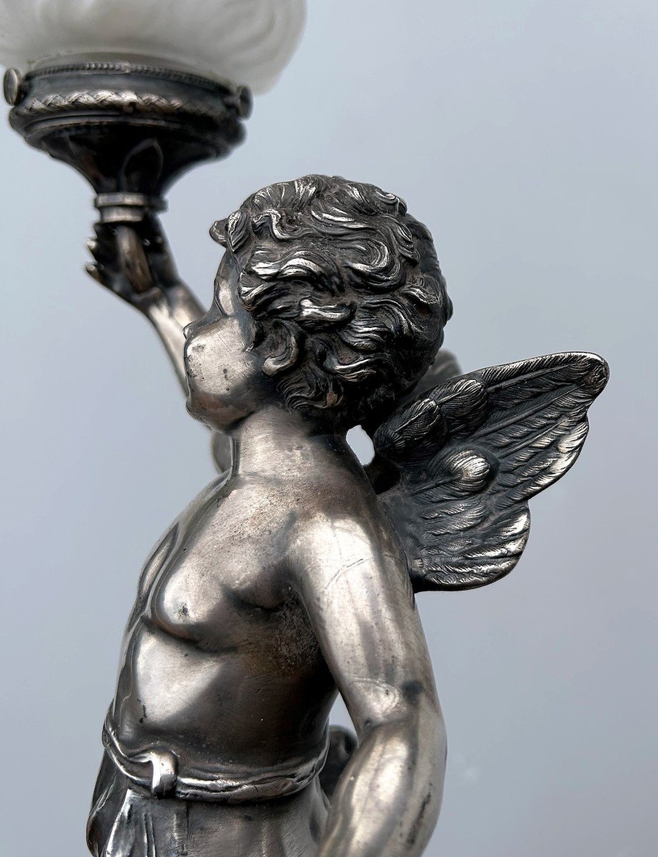 Cherub Lamp In White Silver Metal Circa 1900-photo-3