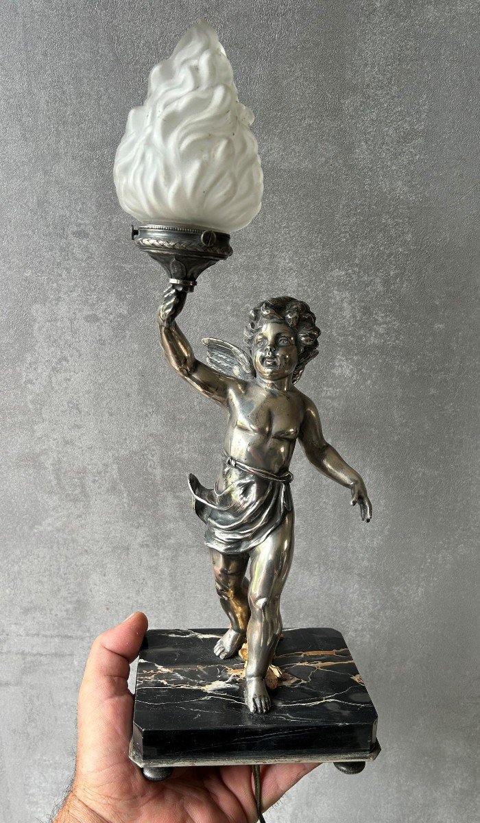 Cherub Lamp In White Silver Metal Circa 1900-photo-6