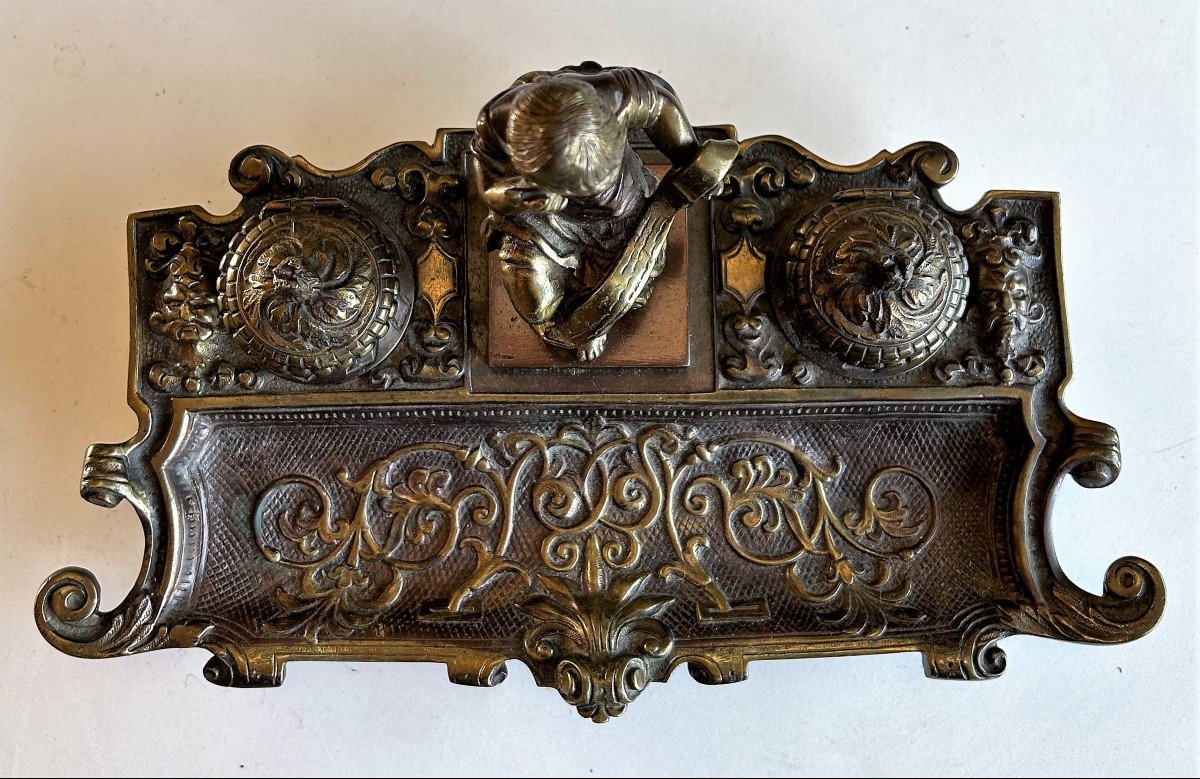 Bronze Inkwell With Putti Writer-photo-5