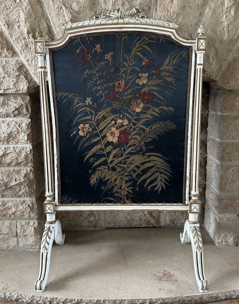 écran De Cheminée  de style Louis XV - Pare Feu - Brodé De Fleurs