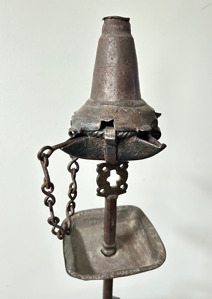 Grande Lampe à Suif à Quatre Becs En Fer Forgé Haute époque-photo-2