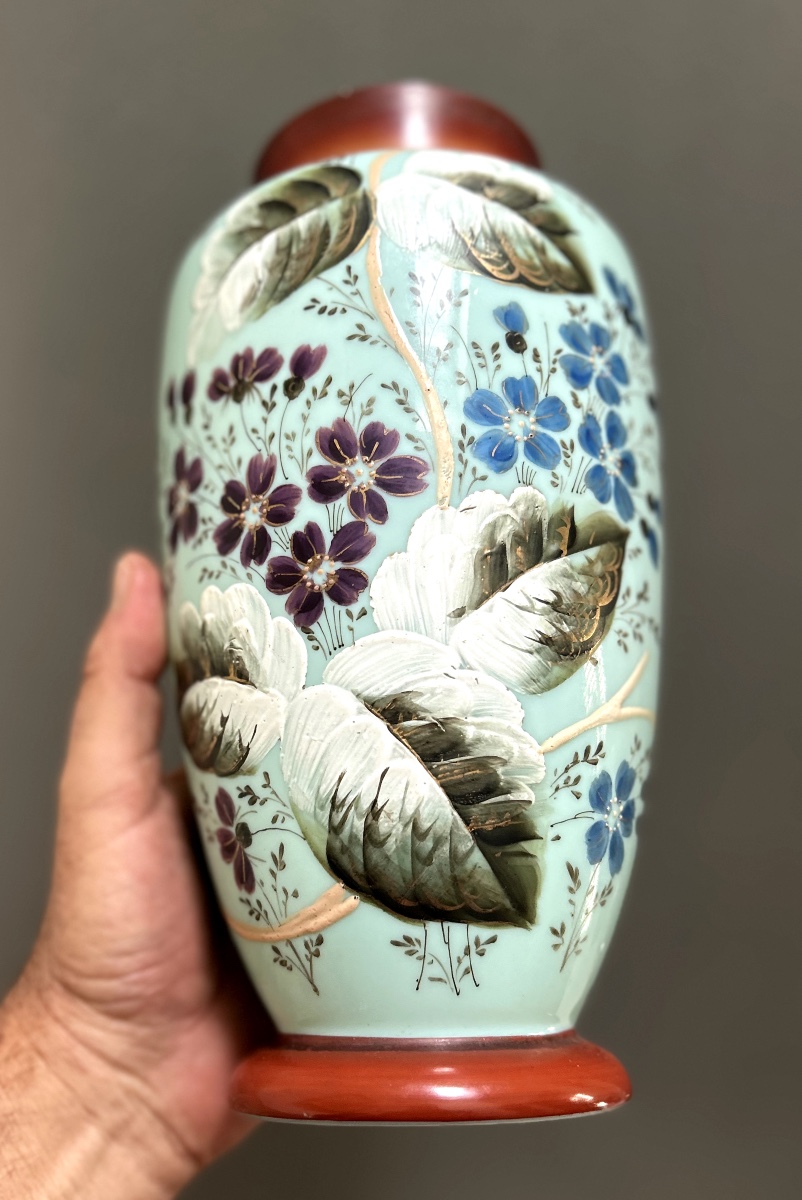 Pair Of Napoleon III Enamelled Opaline Vases-photo-2