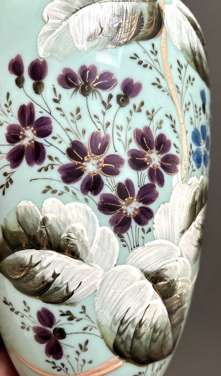 Pair Of Napoleon III Enamelled Opaline Vases-photo-3