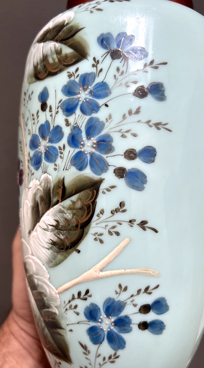 Pair Of Napoleon III Enamelled Opaline Vases-photo-4