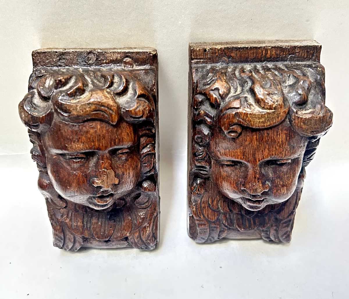 Woodwork Element - Pair Of Carved Oak Cherub Heads-photo-3
