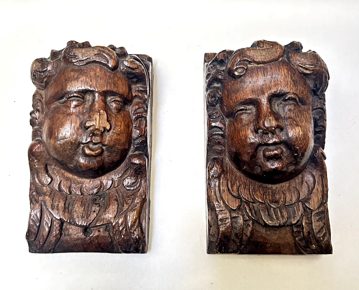 Woodwork Element - Pair Of Carved Oak Cherub Heads