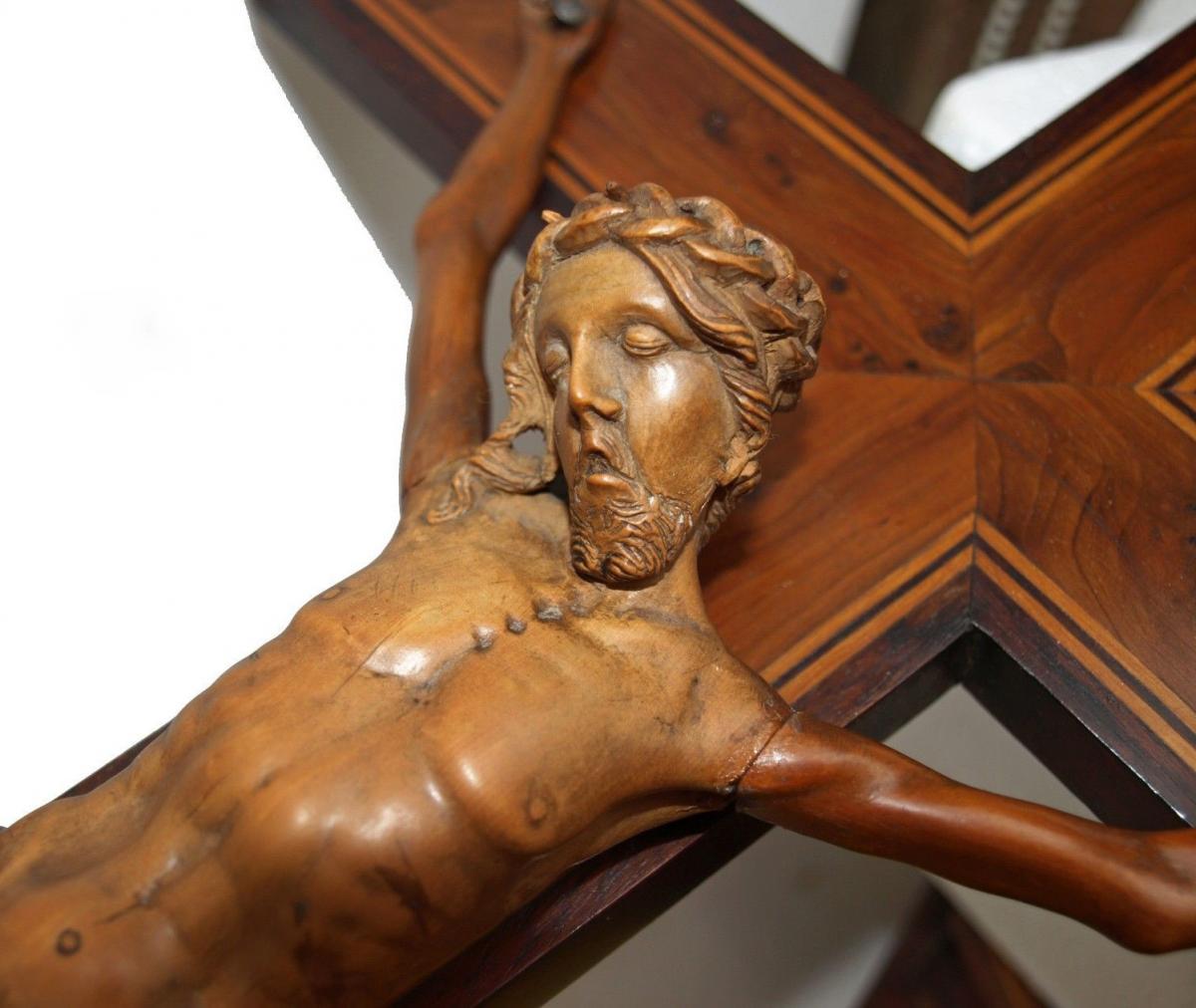 Big Christ In Carved Wood 19th Century - Magnifying Cross