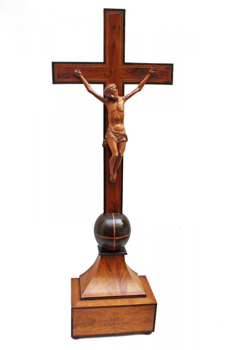 Grand Christ En Buis Sculpté 19ème Siècle - Croix En Loupe-photo-2