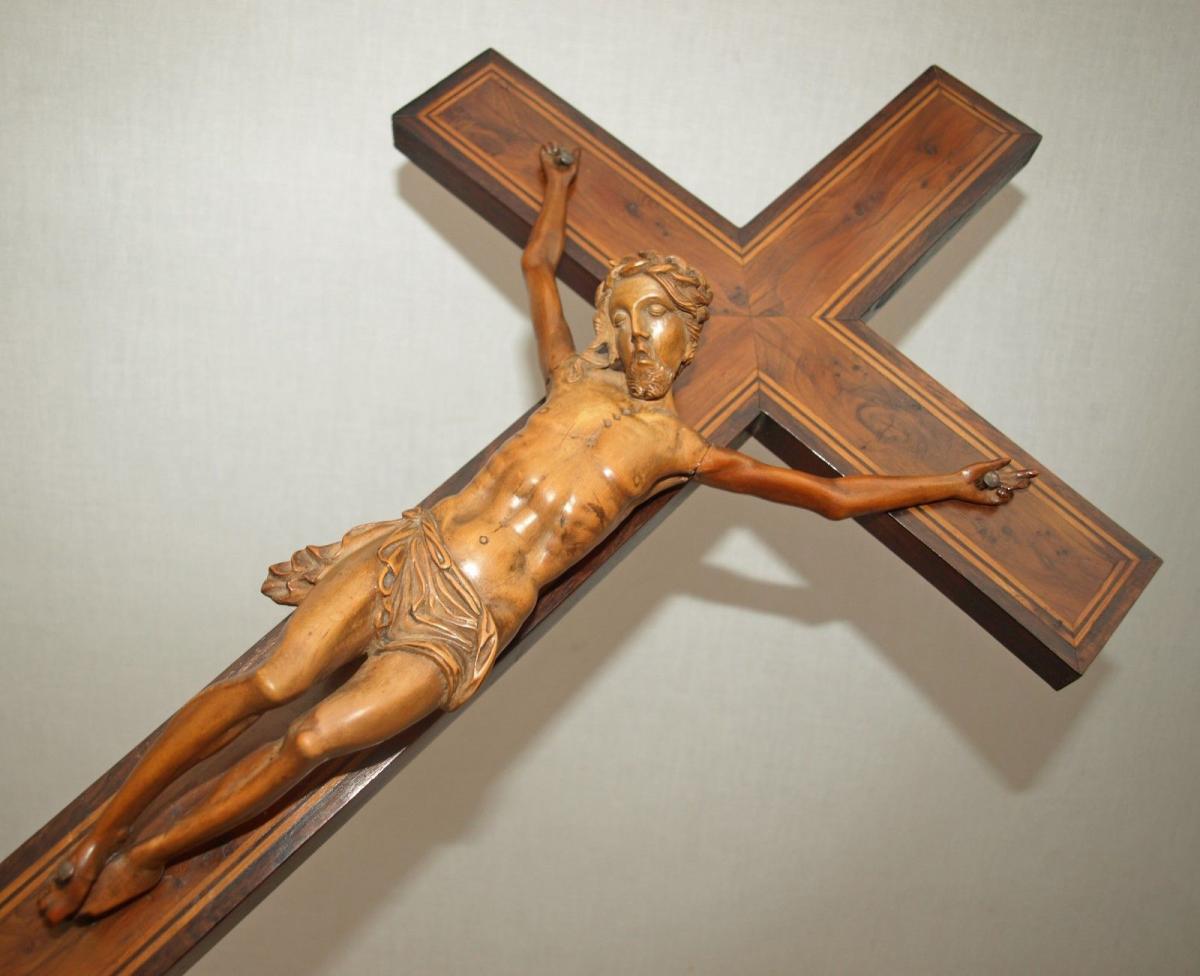 Big Christ In Carved Wood 19th Century - Magnifying Cross-photo-3