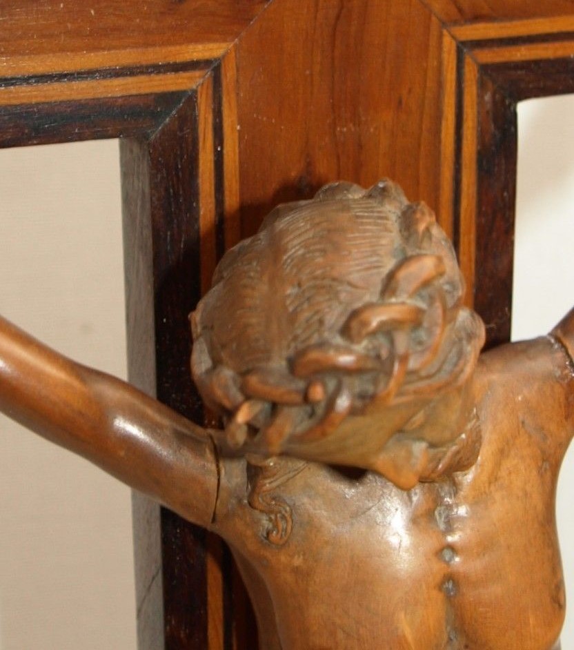 Grand Christ En Buis Sculpté 19ème Siècle - Croix En Loupe-photo-4