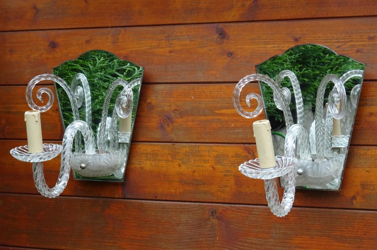 Pair Of Murano Glass Mirrored Sconces Year 1940-50