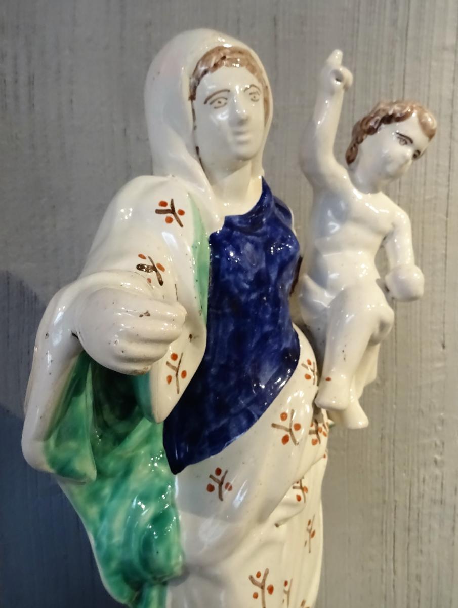 Great Madonna And Child In Faience Polychrome 19th-photo-1