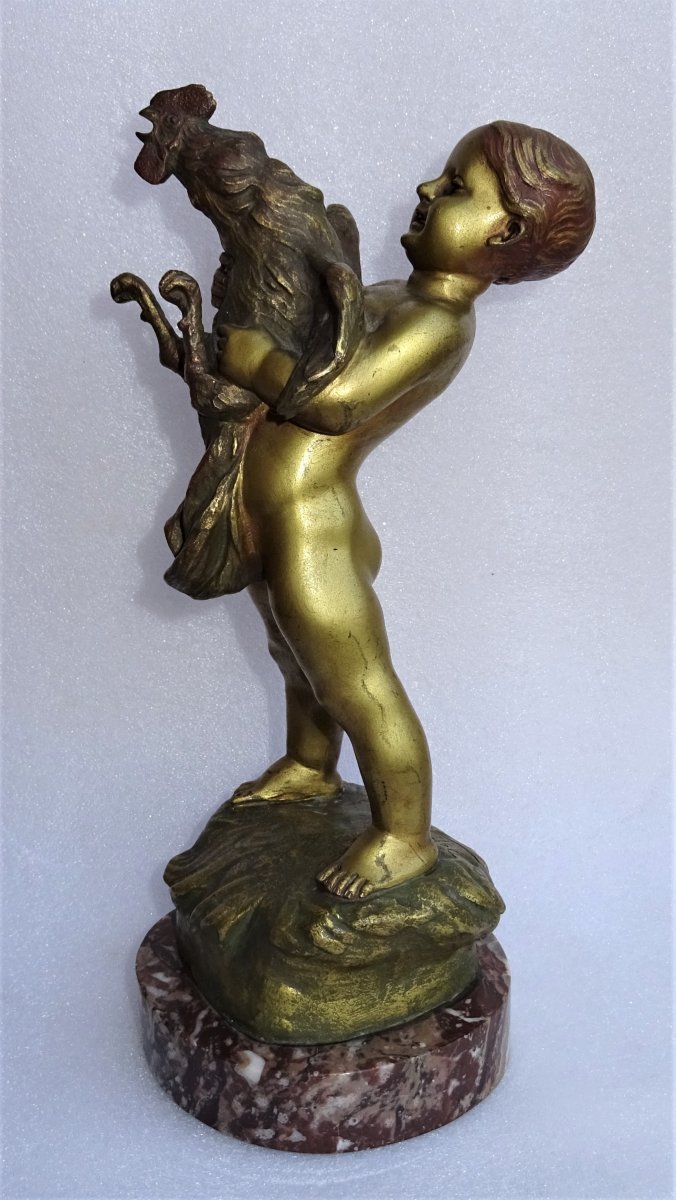 The Child With The Rooster In Gilt Bronze Signed Oscar De Beul-photo-1