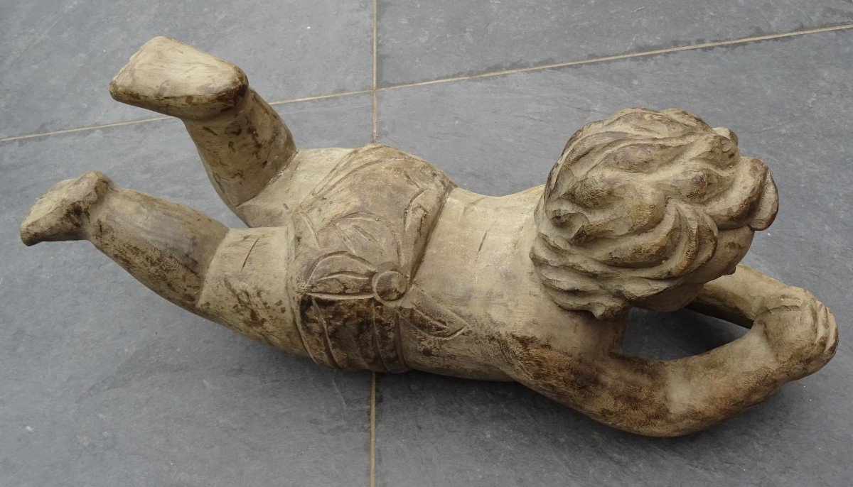 Grand Putti En Bois Sculpté 19ème-photo-2