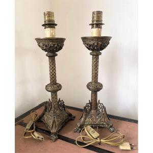 Paire De Pieds De Lampes Gothique En Bronze 19ème