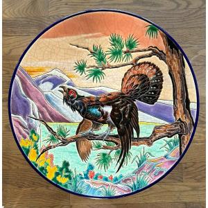 Large Dish In Longwy Enamels Limited Edition - Heather Rooster Signed Mignon