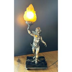 Cherub Lamp In White Silver Metal Circa 1900