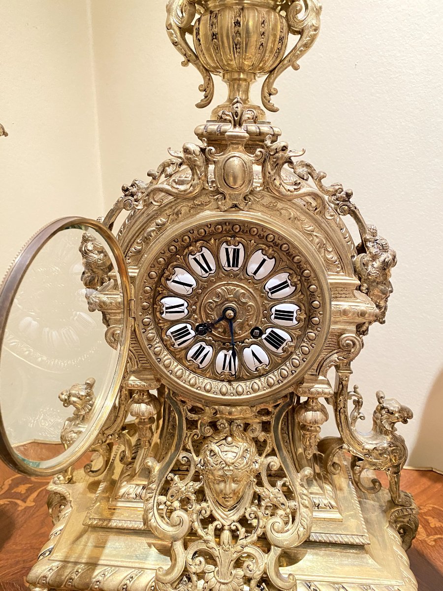 Grande garniture Napoléon III en bronze doré ciselé pendule et paire de candélabres XIXè siècle-photo-3