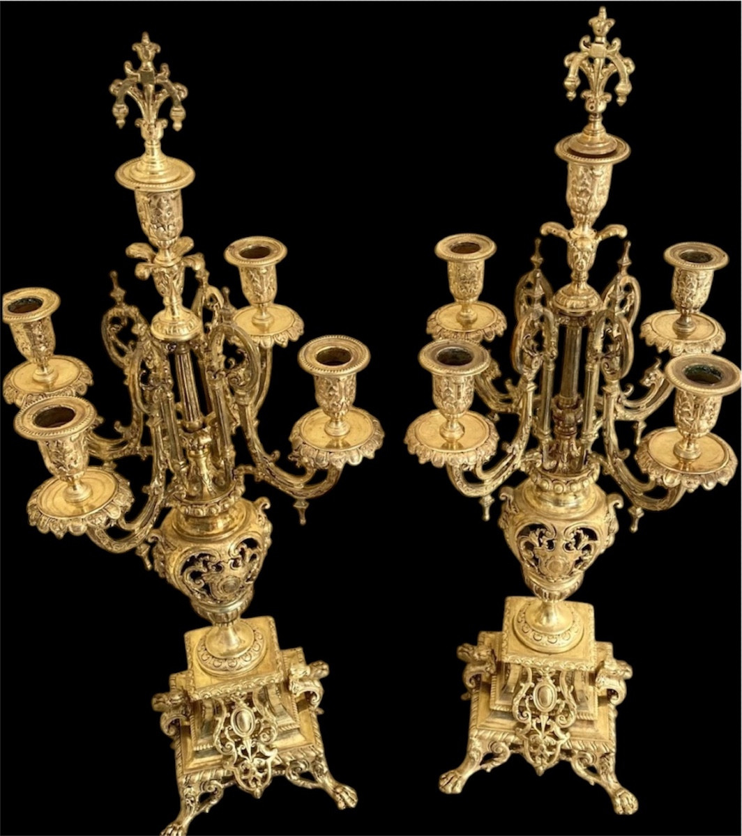 Importante garniture Napoléon III en bronze doré ciselé, pendule et paire de candélabres, XIXe -photo-2