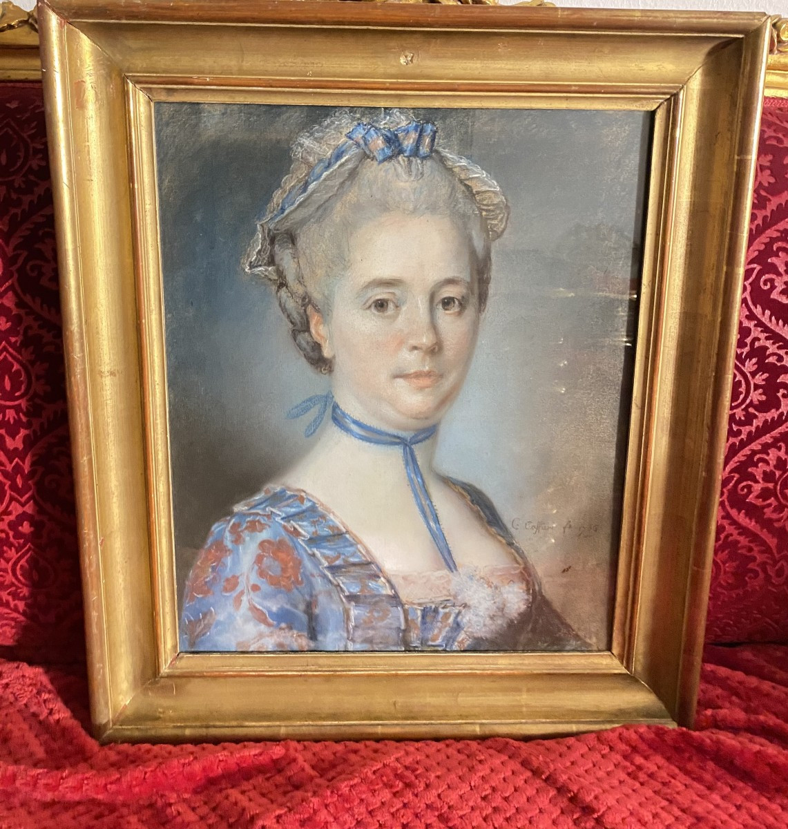  Portrait Of A Woman With A Blue Ribbon, Pastel Signed And Dated 1769