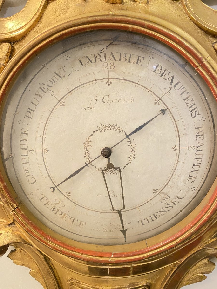 Louis XV Giltwood Wall Barometer, Double Dial, Signed Le Carcano Paris, 18th Century-photo-2