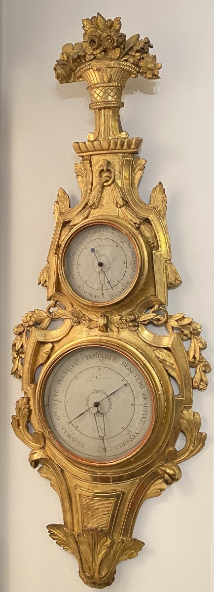 Louis XV Giltwood Wall Barometer, Double Dial, Signed Le Carcano Paris, 18th Century
