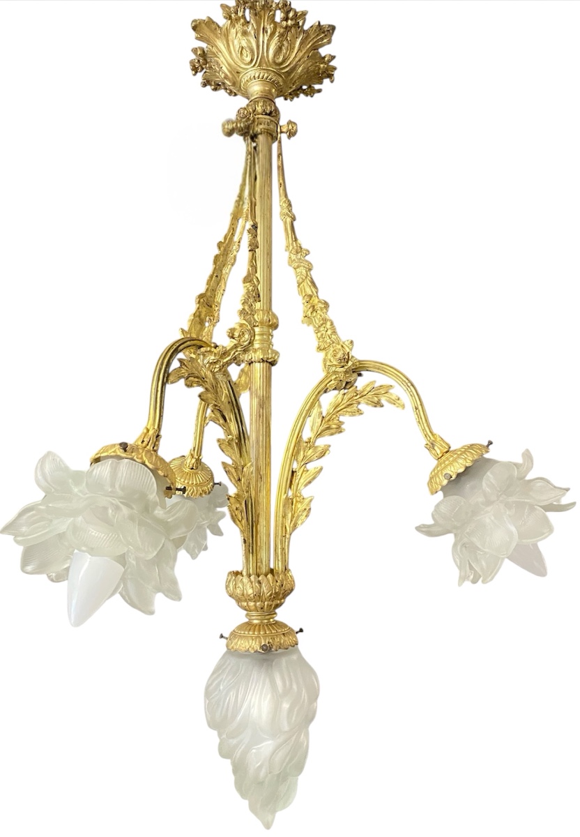 Louis XVI Style Gilt Bronze Chandelier, 4 Lights, Napoleon III Period, Late 19th Century