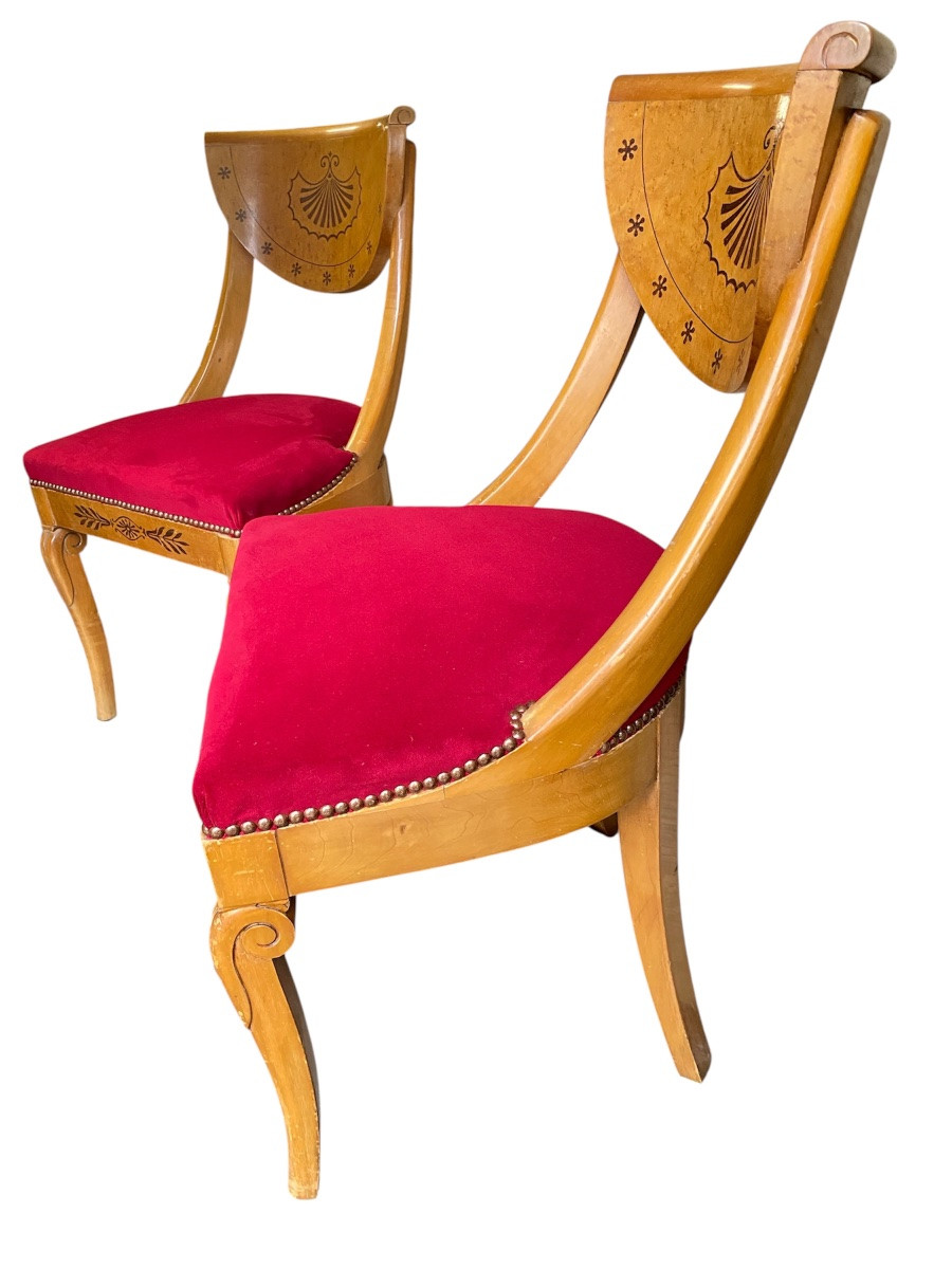 Paire de chaises Directoire en bois fruitier clair marqueté, fin XIXe siècle-photo-2