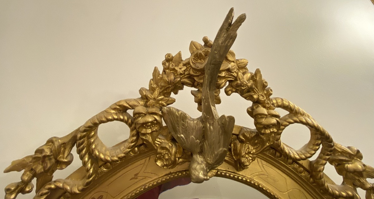 Napoleon III Gilt Wood And Stucco Mirror With Swan Pediment, Beveled Glass, 120 Cm-photo-3