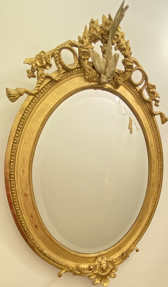 Napoleon III Gilt Wood And Stucco Mirror With Swan Pediment, Beveled Glass, 120 Cm