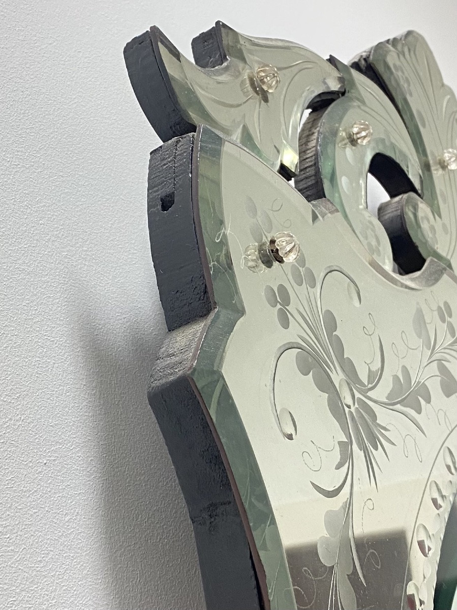 Venetian Mirror Engraved With Floral Decoration, Murano Italy, Circa 1940-1950-photo-3