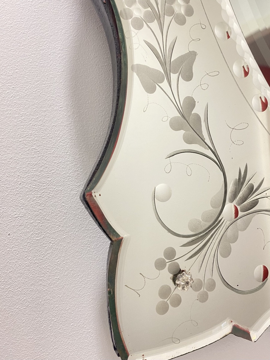 Venetian Mirror Engraved With Floral Decoration, Murano Italy, Circa 1940-1950-photo-4