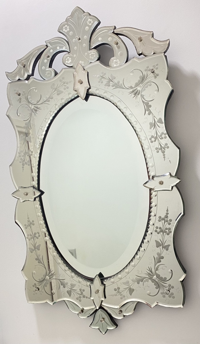 Venetian Mirror Engraved With Floral Decoration, Murano Italy, Circa 1940-1950