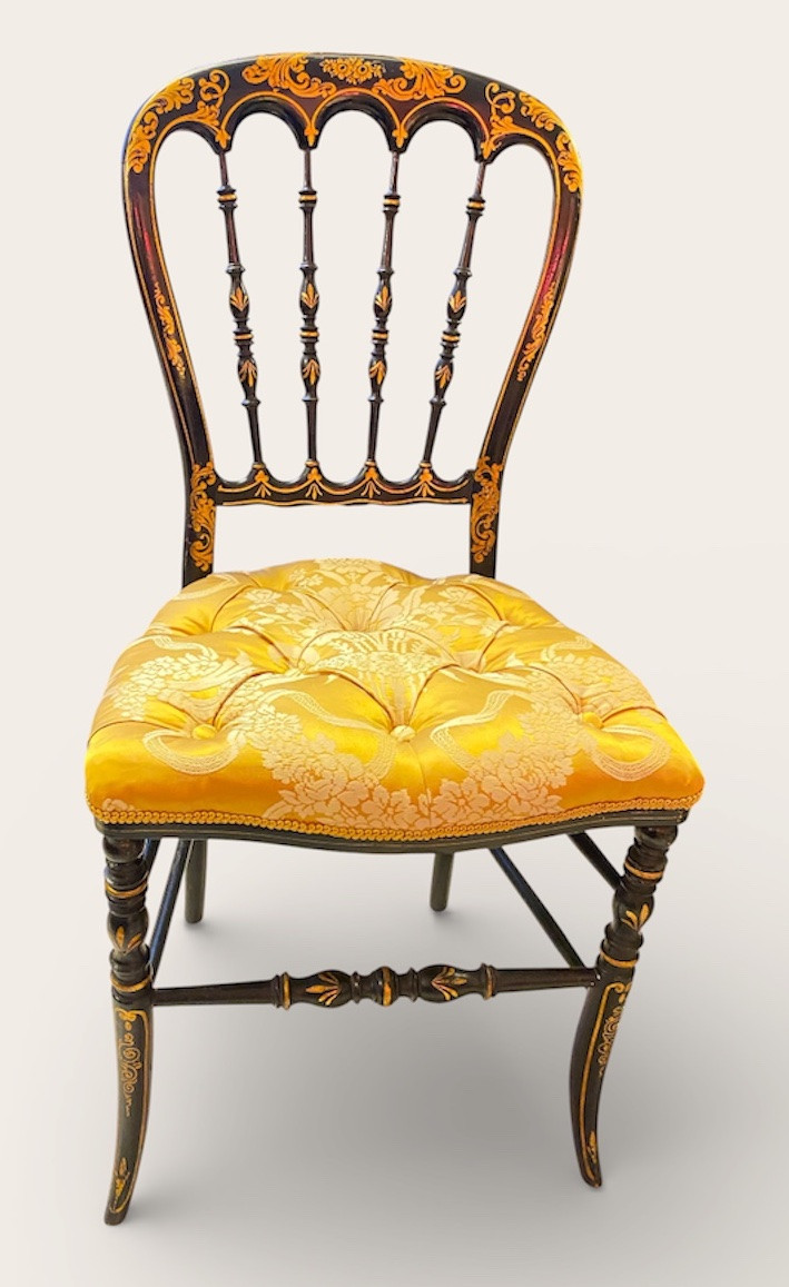 Set Of 4 Napoleon III Chairs In Blackened Wood With Gilt Decoration, Damask Upholstery-photo-2
