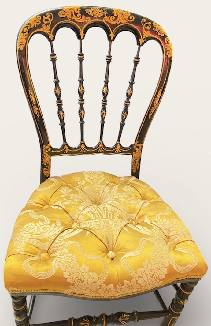 Set Of 4 Napoleon III Chairs In Blackened Wood With Gilt Decoration, Damask Upholstery-photo-3