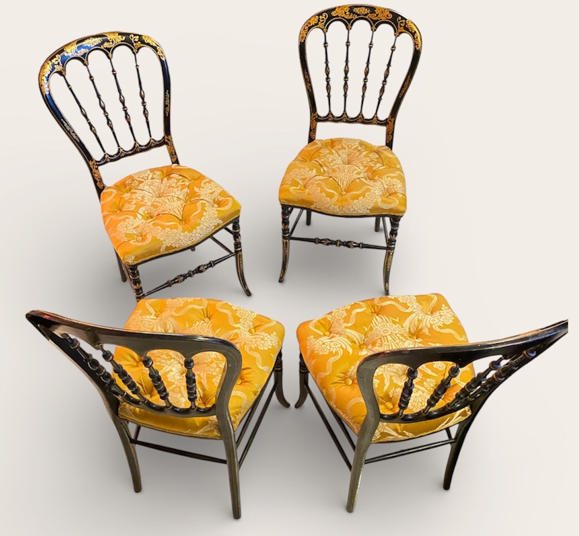 Set Of 4 Napoleon III Chairs In Blackened Wood With Gilt Decoration, Damask Upholstery-photo-4