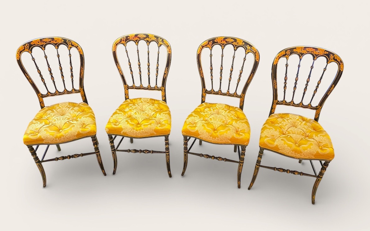 Set Of 4 Napoleon III Chairs In Blackened Wood With Gilt Decoration, Damask Upholstery