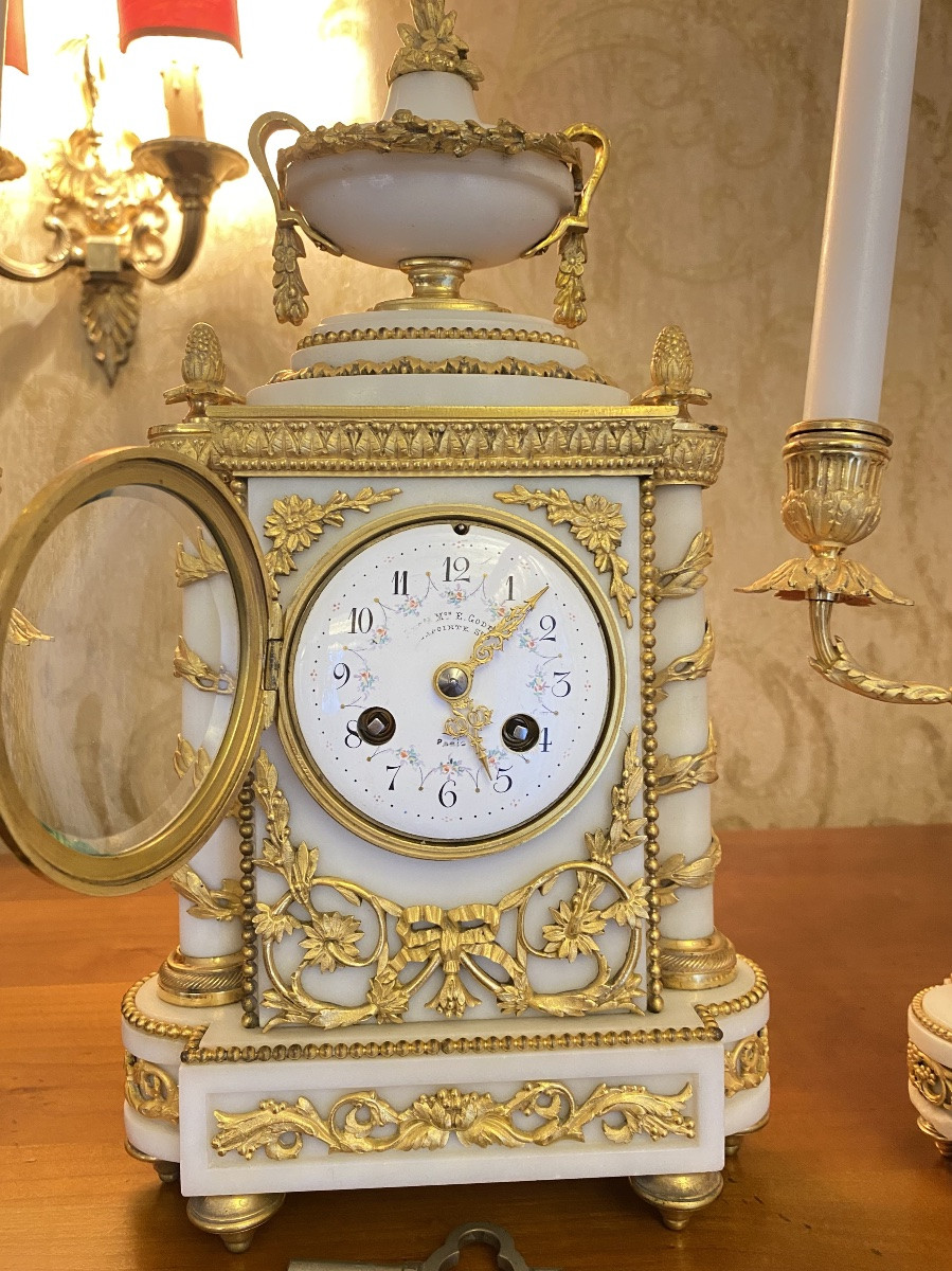 Alabaster And Gilt Bronze Garniture With Patinated Cherubs, Clock Signed E. Godeau Paris-photo-3