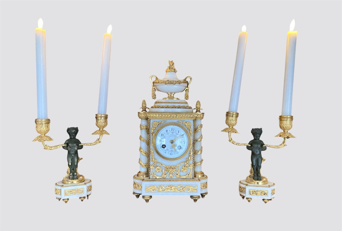 Alabaster And Gilt Bronze Garniture With Patinated Cherubs, Clock Signed E. Godeau Paris-photo-2