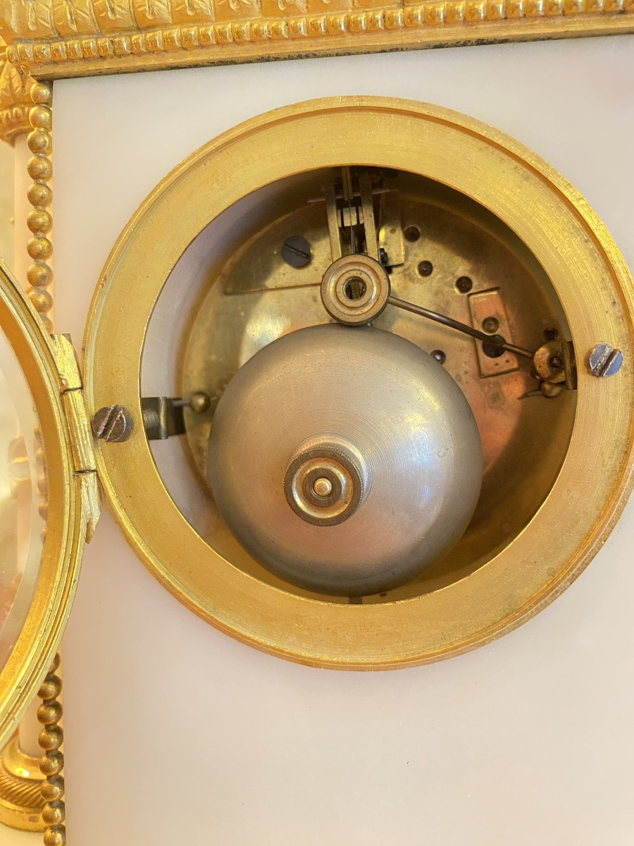 Alabaster And Gilt Bronze Garniture With Patinated Cherubs, Clock Signed E. Godeau Paris-photo-3