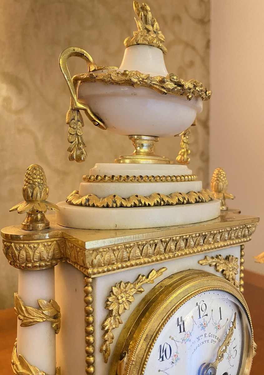 Alabaster And Gilt Bronze Garniture With Patinated Cherubs, Clock Signed E. Godeau Paris-photo-2
