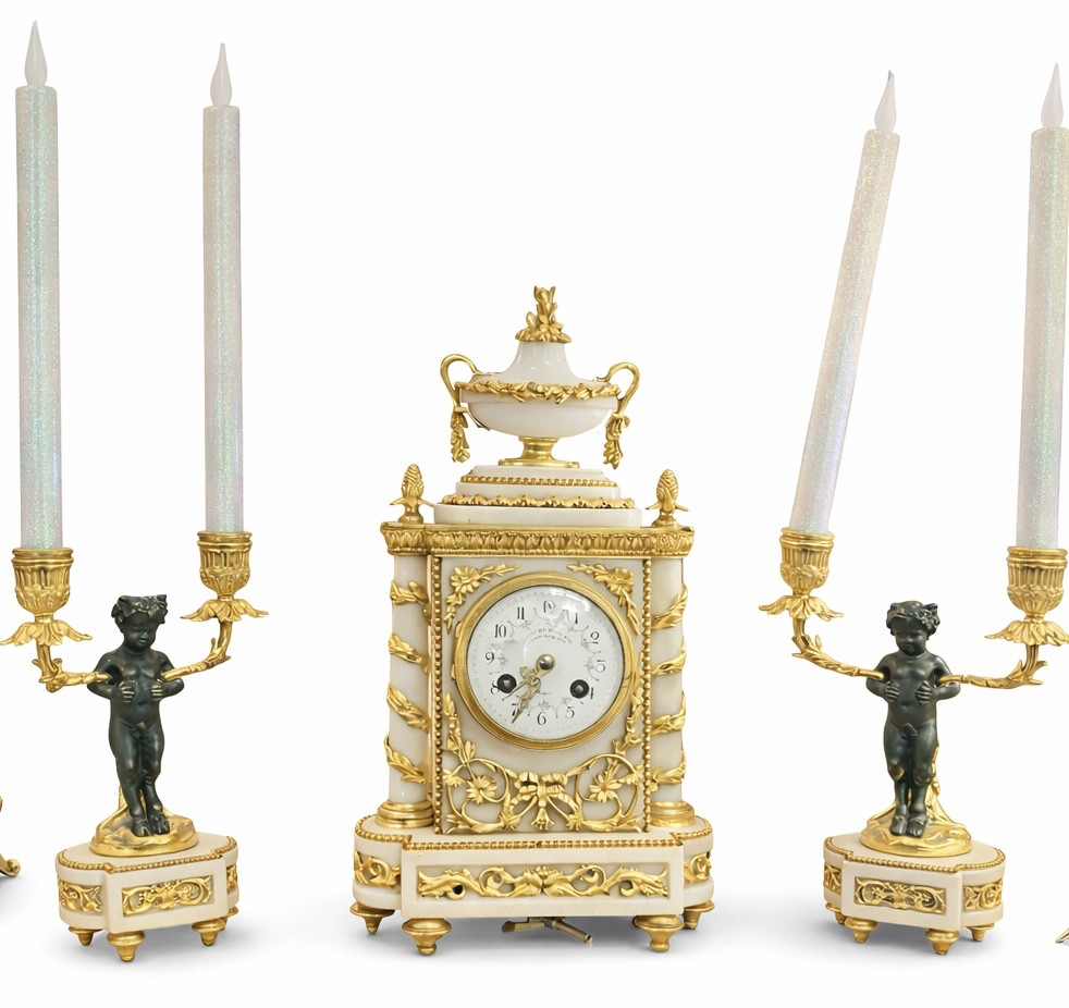 Alabaster And Gilt Bronze Garniture With Patinated Cherubs, Clock Signed E. Godeau Paris