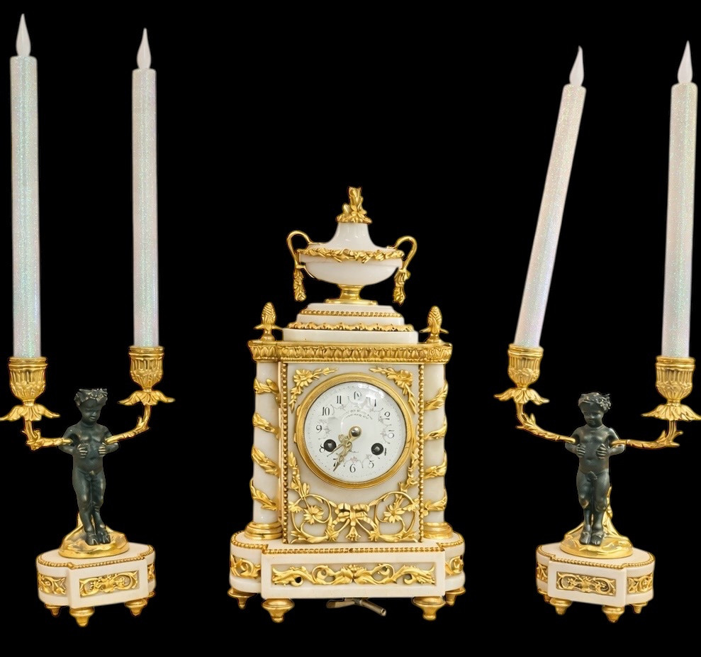 Alabaster And Gilt Bronze Garniture With Patinated Cherubs, Clock Signed E. Godeau Paris